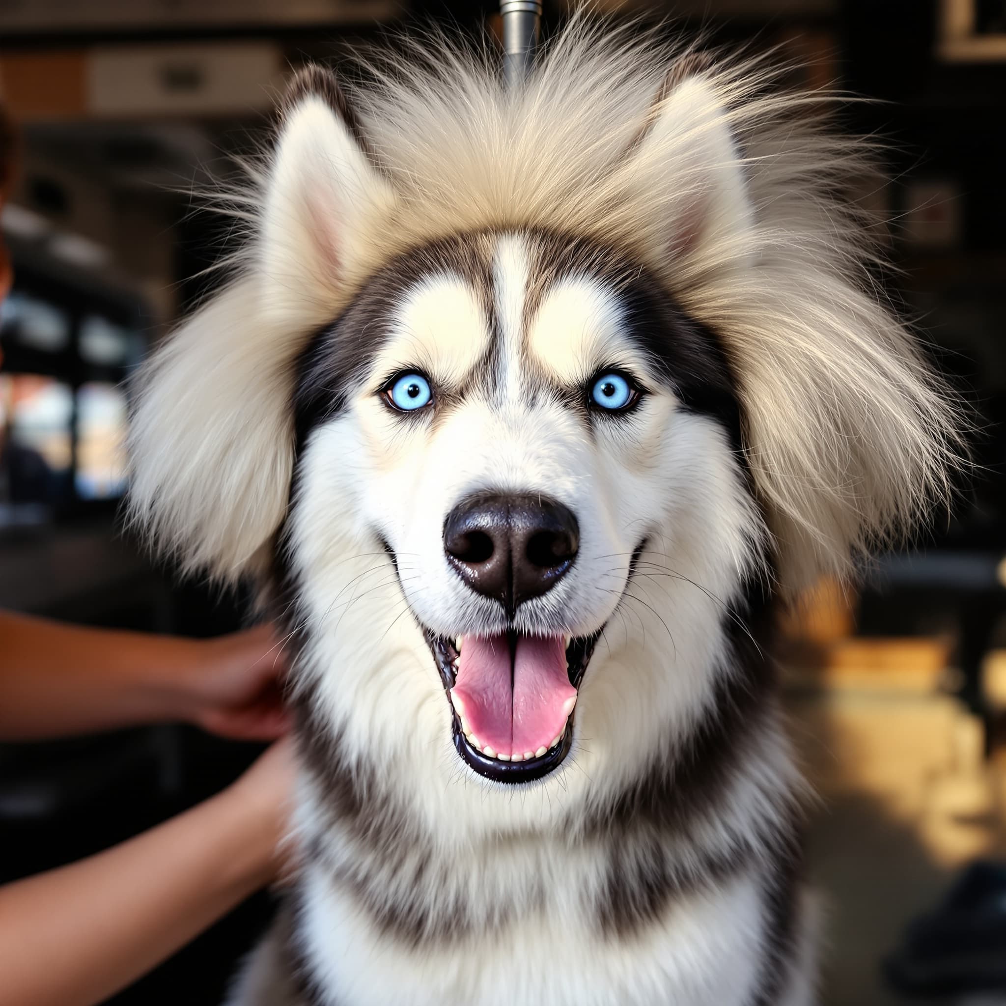 Happy husky mid-groom in the mobile van