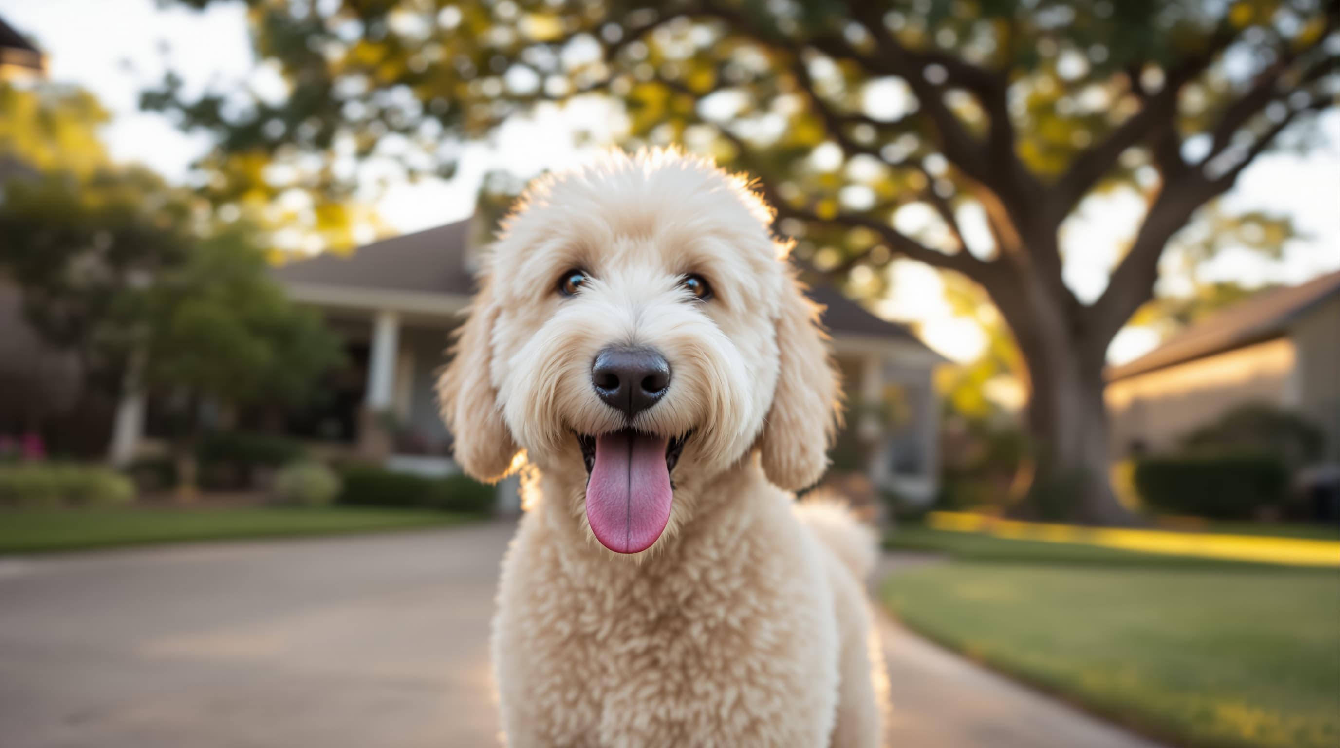 Freshly groomed labradoodle in Austin driveway