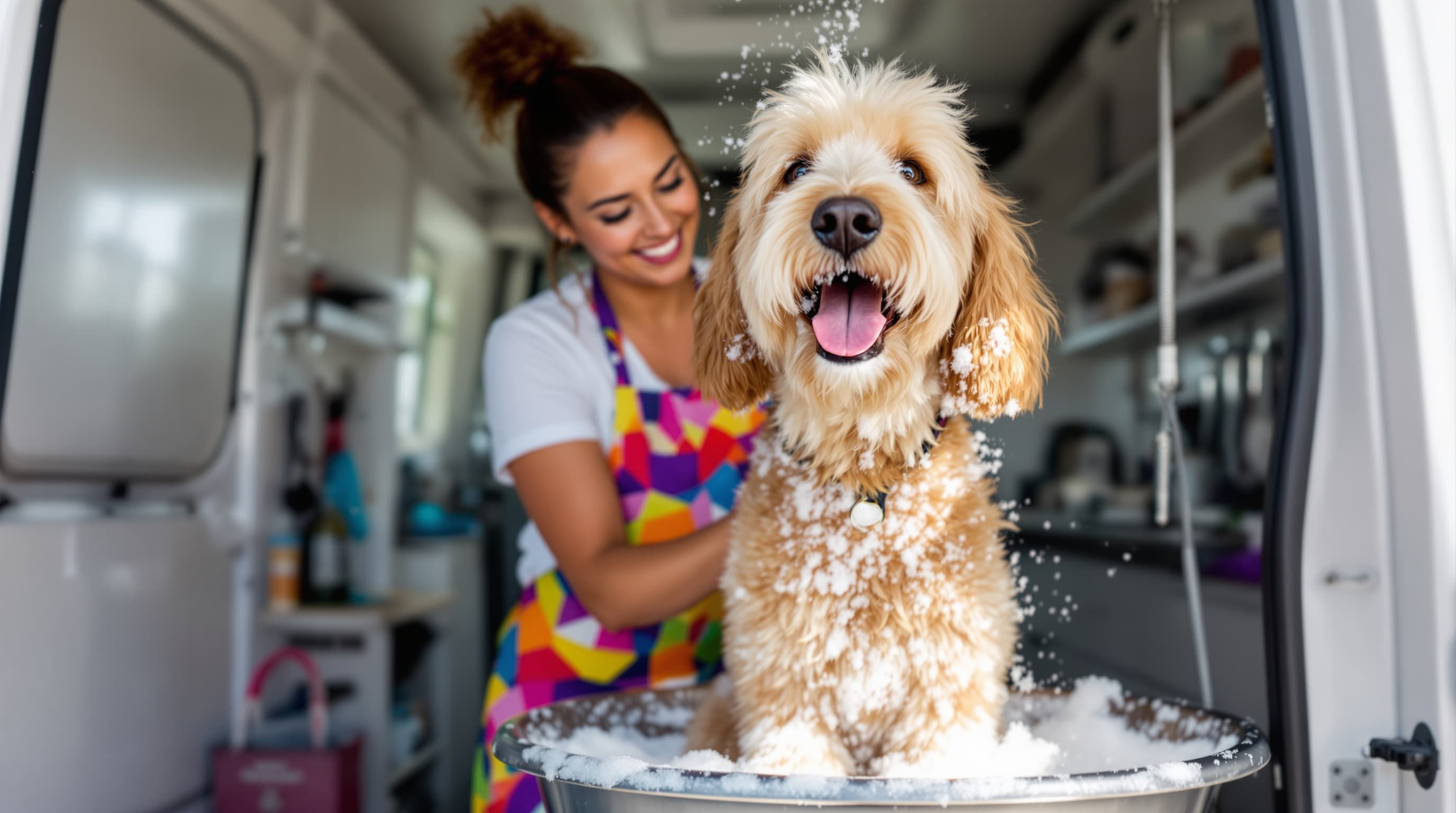 Female groomer washing a happy golden doodle inside the mobile grooming van in Austin